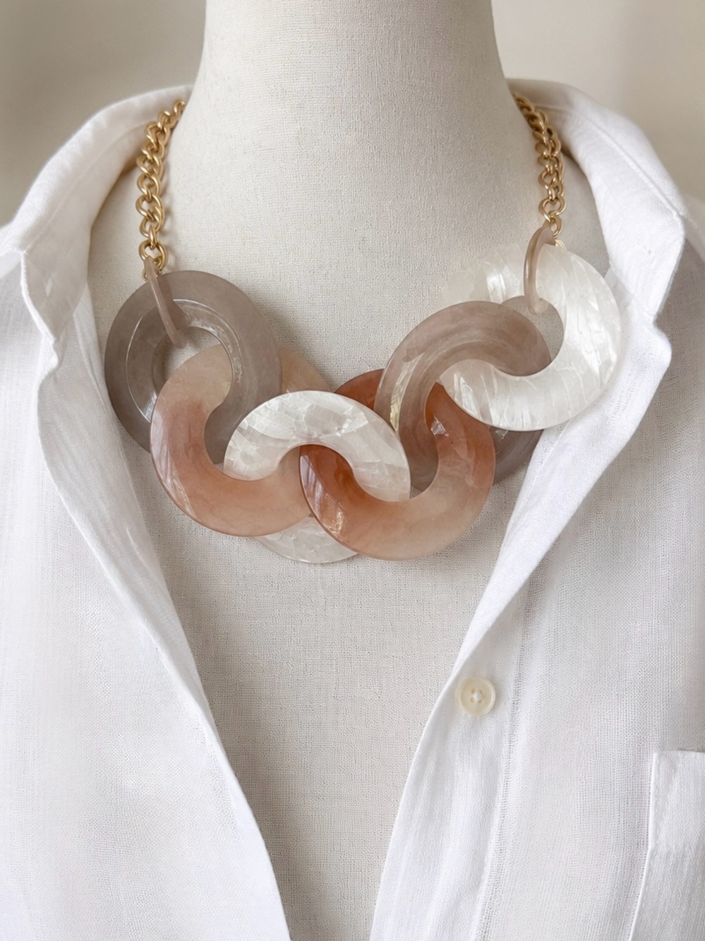 Chunky Resin Link Neutral Taupe Blush Clear Acrylic Modern Geometric Necklace